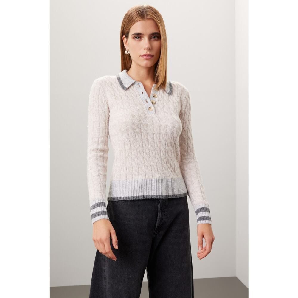 RTR Central Park West Bobbie Polo Sweater Women's Medium Beige Gray Long Sleeve